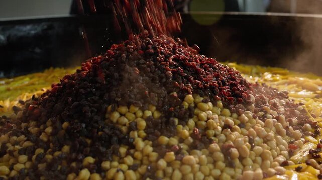 Raisins are added to Uzbek wedding plov base simmering with chickpeas in a huge kazan. Traditional cooking represents Uzbekistan's national cuisine, festive customs and culinary tourism
