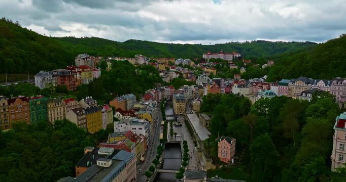 Aerial view of a beautiful forest city featuring incredibly fairytale, like architecture and thermal springs with healing water, Karlovy Vary, Czech Republic
