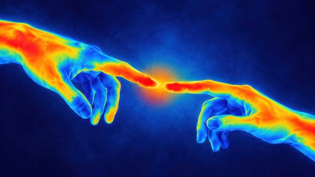 thermal imaging of two hands reaching to touch fingertips with glowing spark. connection and creation concept, artificial intelligence, biotechnology. banner, website header.