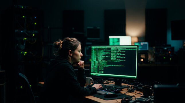 Female programmer analyzing code on computer screen in dark tech workspace, focused on coding and software development.
