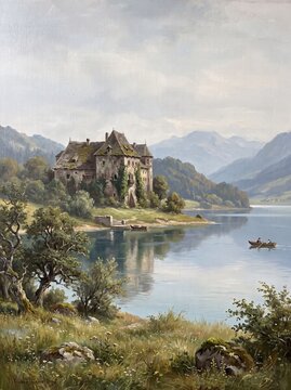 Classic oil painting captures a picturesque ancient castle on a tranquil mountain lake with reflections, distant peaks, and a peaceful rowboat. Traditional landscape art.