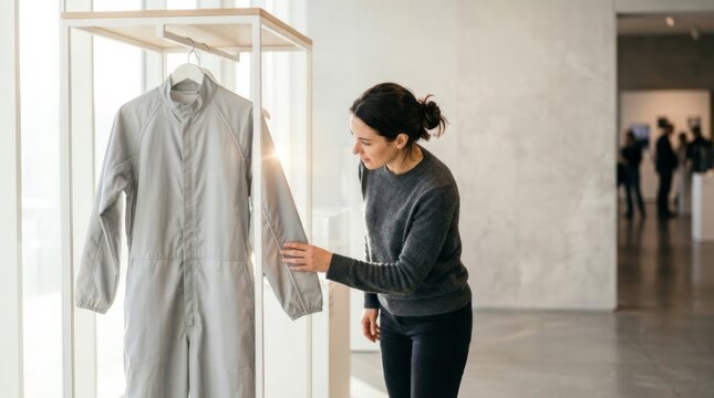 Woman examining a grey protective coverall on display at a workwear exhibition, showcasing fabric texture and craftsmanship in bright daylight.