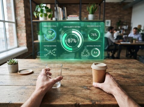 Person holding a glass and coffee cup at a desk with a digital circularity rating dashboard overlay