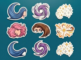 Fototapeta premium Hairdo sticker set with colorful cartoon hairstyles on teal