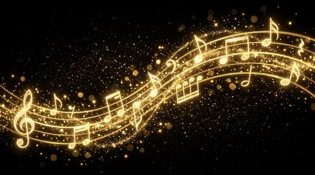 Golden musical notes flowing across dark glittering background