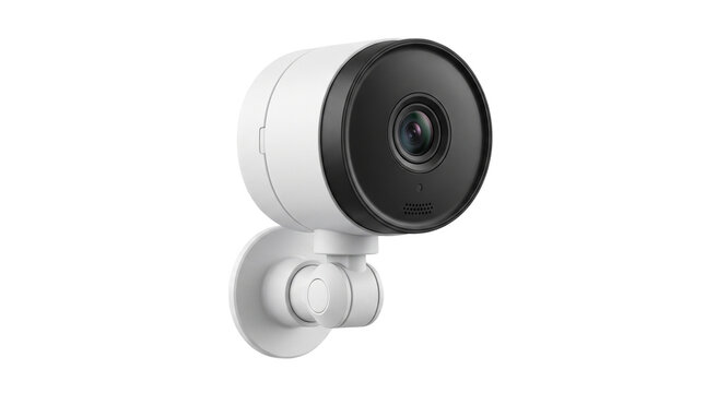 Smart home security camera photo, modern wireless surveillance device mounted on white wall, video monitoring equipment