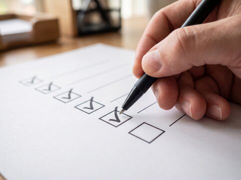 Hand marking checklist checkboxes with a black pen on white paper