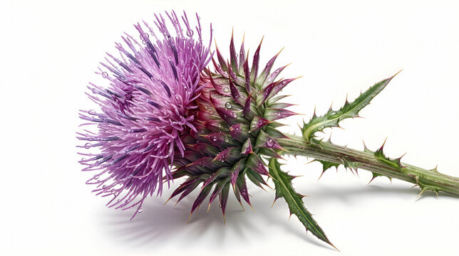 Spiky purple thistle flower with thorny green stem and leaves isolated on white background