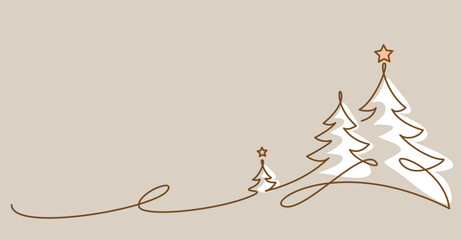 Christmas trees, minimalist holiday fir and pine trees with stars, line art vector illustration with white shapes on beige © Valenty