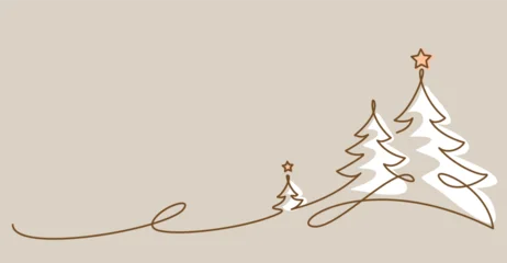 Christmas trees, minimalist holiday fir and pine trees with stars, line art vector illustration with white shapes on beige © Valenty