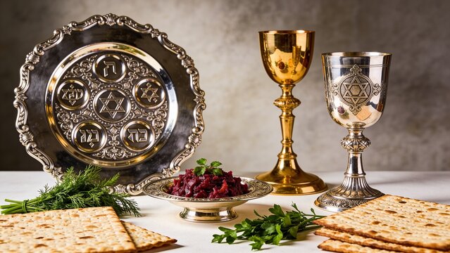 Passover Seder Table Setting with Seder Plate Matzo and Kiddush Cups
