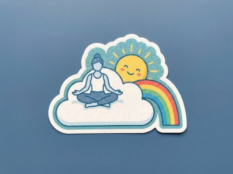 Cheerful meditation sticker with rainbow cloud and smiling sun