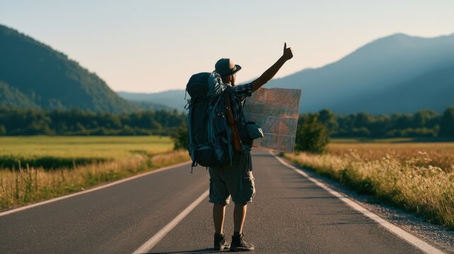 Young traveler with a hiking backpack holding a paper map and hitchhiking on a quiet countryside road, surrounded by green fields and mountains under sunny summer skies.