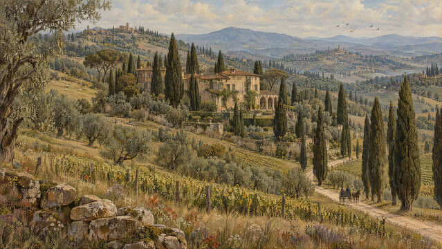 Oil Painting of a Tuscan Villa: Classic Italian Landscape with Cypress Trees and Rolling HillsDescription: A traditional fine art oil painting capturing a scenic villa nestled on a hillside in Tuscany
