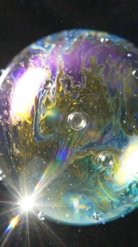 Abstract macro shot of soap bubble surface, swirling iridescent liquid colors, fluid light refraction.