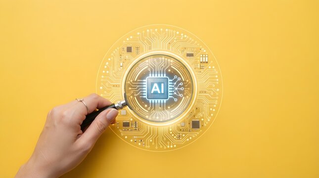  Hand Using Magnifying Glass to Examine Glowing Artificial Intelligence Technology Concept on Yellow Background