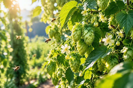 Sunlight filtering through lush green hop bines with delicate flowers and bees.