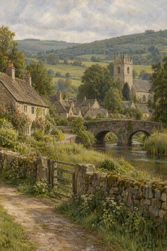 Classical Oil Painting of an English Village: Stone Bridge and Church TowerDescription: A quintessentially pastoral oil painting of an old English countryside village. A low stone bridge crosses a gen