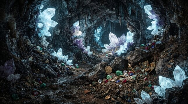 Mystical crystal cave with glowing quartz formations, underground treasure cavern with scattered gold coins and gems, enchanted subterranean grotto