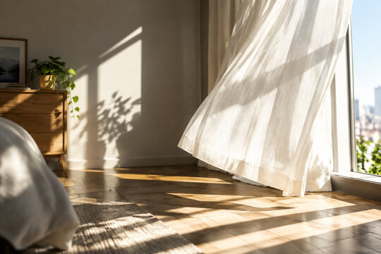 Sunlit interior with sharp shadows from an opened curtain.