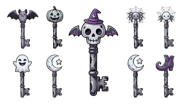 Collection of spooky halloween keys with skull, ghost, bat, moon, and witch themes
