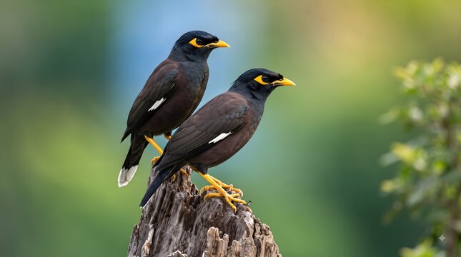 Two common myna birds with distinctive yellow beaks and legs perched closely together on a weathered tree stump in a lush green natural environment
