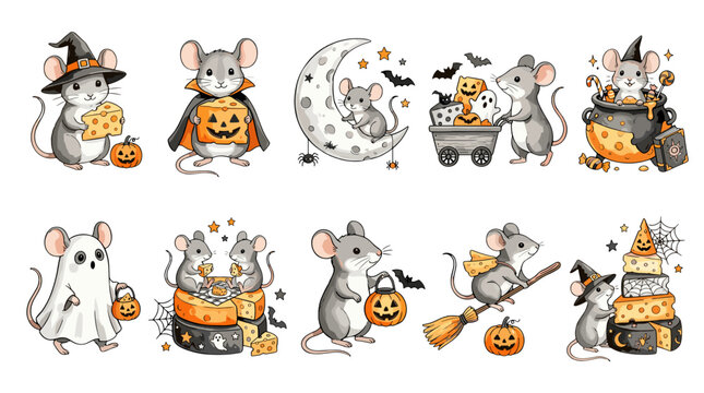 Set of cute mice dressed in halloween costumes with pumpkins and spooky accessories