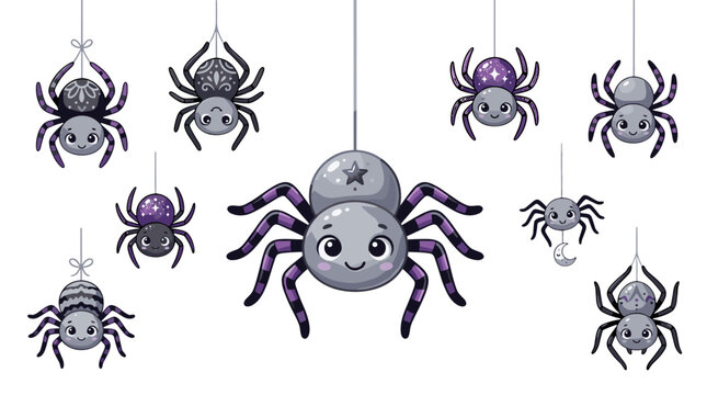 Cute cartoon spiders hanging from a string on a for halloween or decoration