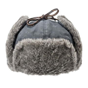 Warm furry ushanka hat isolated on a transparent or white background. Traditional winter clothing accessory, extreme cold weather apparel and outdoor survival gear.