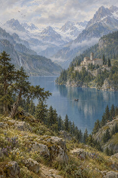 Oil Painting of an Alpine Lake: Majestic Castle on a Rocky Cliff with Snowy PeaksDescription: A breathtaking classical oil painting depicting a deep blue fjord or alpine lake nestled between steep mou