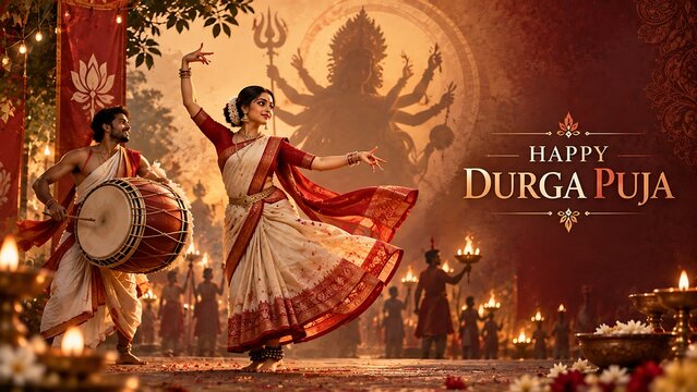 Traditional South Asian festival performance with graceful female dancer and male percussionist surrounded by flowers, ceremonial lamps, atmospheric decorations