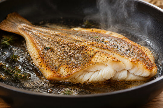 Cooked fish fillet in a frying pan, crispy golden skin and flaky white flesh.