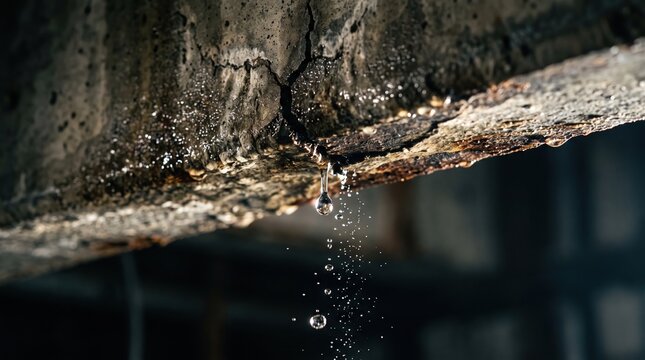 damaged concrete beam with cracks and water leakage dripping down with rust stains.