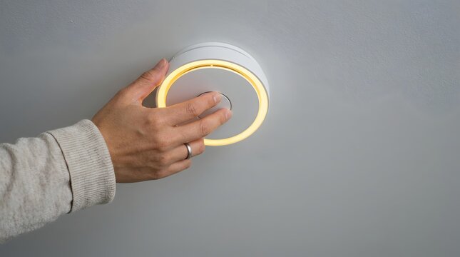 Hand pressing center button of smart smoke detector with glowing ring light on ceiling   