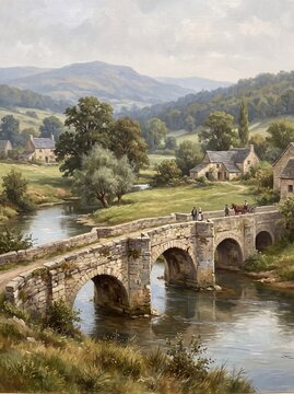 Oil Painting of a Classical River Valley: Stone Arched Bridge with Horse CarriageDescription: A traditional fine art oil painting showing a grand stone arched bridge crossing a winding river in a lush