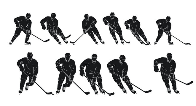 Comprehensive set of professional ice hockey player silhouettes show different skating and playing positions for sports design and team athletics.