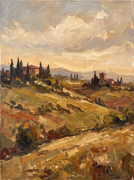 Impressionist Oil Painting of Tuscan Hills: Warm Autumn Valley LandscapeDescription: An expressive oil painting capturing a sweeping landscape reminiscent of Tuscany under a dramatic sky. The artwor