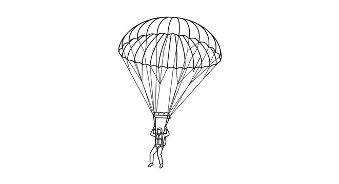 Simple line art drawing of a skydiver falling through the air with an open parachute showcases the thrill and adventure of extreme aerial sports.