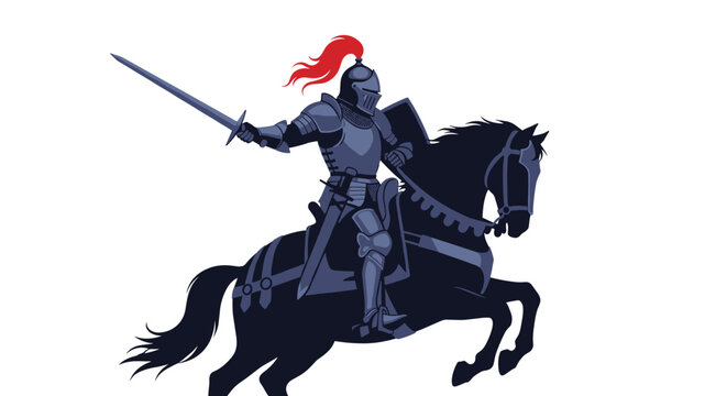 Noble knight in full plate armor riding a powerful horse while holding a sword and shield depicts medieval chivalry and heroic battle stories.