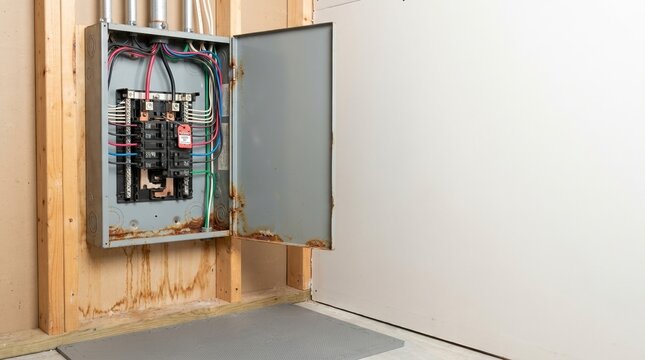 Open electrical panel with rust mounted on exposed wooden studs. Circuit breaker box with colorful wiring in an unfinished residential wall. Trade service and home maintenance concept