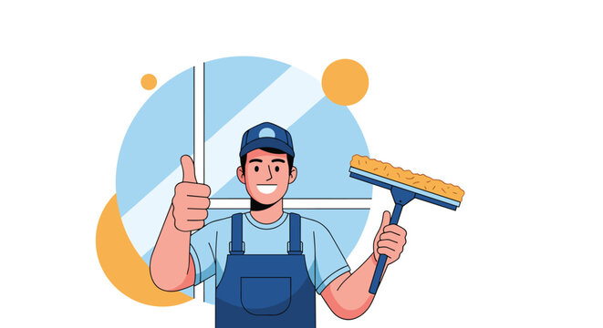 Cheerful window cleaner character in blue overalls giving a thumbs up and holding a professional squeegee against a window.