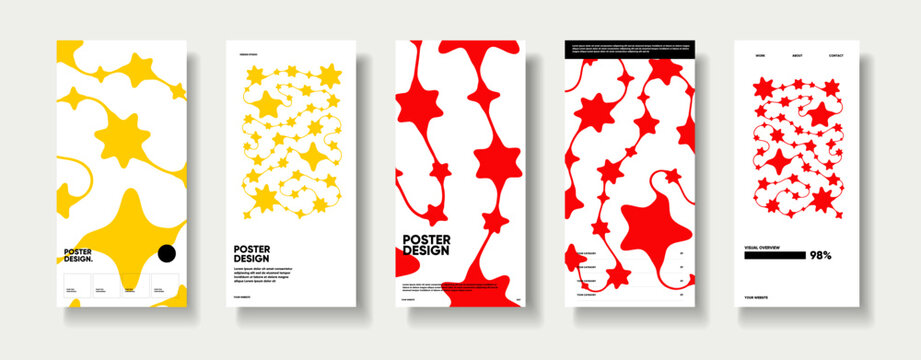 Minimalist poster design collection displayed on a pale background, featuring abstract starburst forms and flowing lines with bold editorial text and clean layouts.
