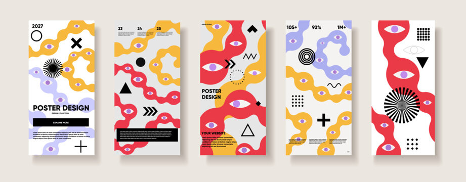 Contemporary poster design collection featuring stylized eyes, flowing abstract shapes, geometric symbols, bold typography, and decorative radial patterns on vertical layouts.