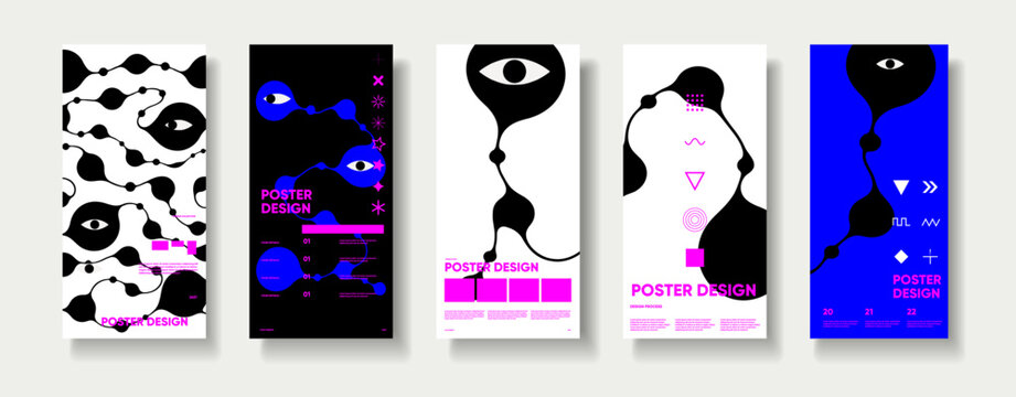 Design collection of abstract posters featuring organic black forms, stylized eyes, geometric symbols, and magenta typography on contrasting white, black, and blue layouts.