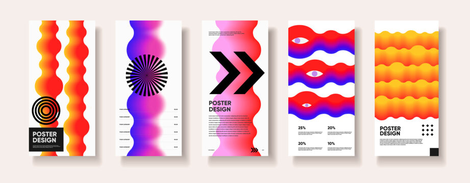 A design collection of abstract poster layouts features wavy gradient bands, optical circles, bold arrows, eye motifs and clean black typography on white sheets.