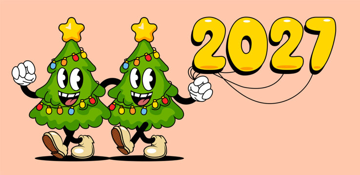 Funny Christmas Tree Characters Celebrating 2027 &ndash; New Year Holiday Vector Illustration