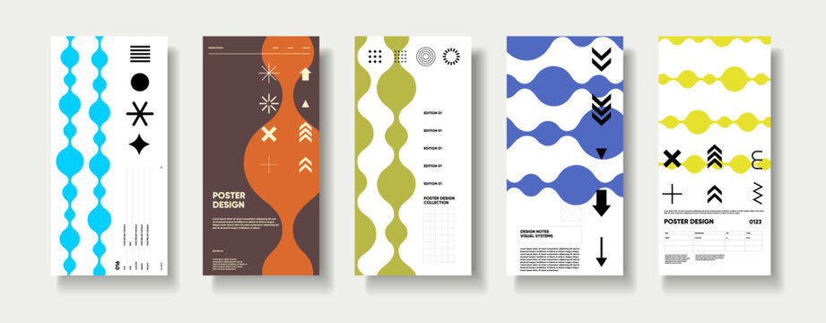 Modern poster design collection featuring abstract wavy shapes, geometric symbols, grids, arrows, and bold typography on vertical printed layouts displayed with soft shadows.