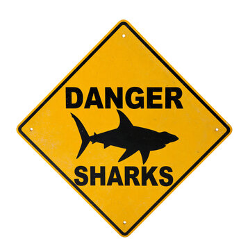 Yellow diamond warning sign with shark icon and bold text reading Danger Sharks, isolated on white background. AI gen