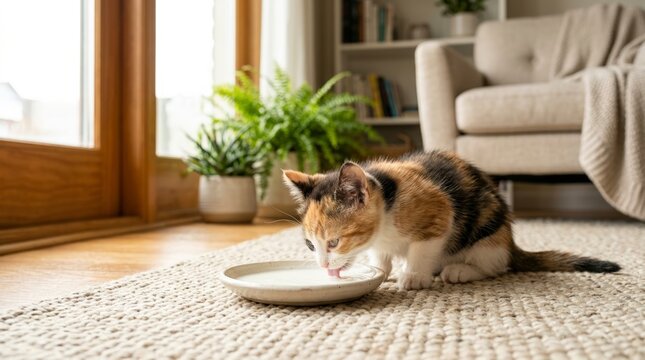 Calico kitten drinking milk from a saucer on a rug. Cute baby cat feeding in a sunlit living room. Domestic pet care and nutrition concept