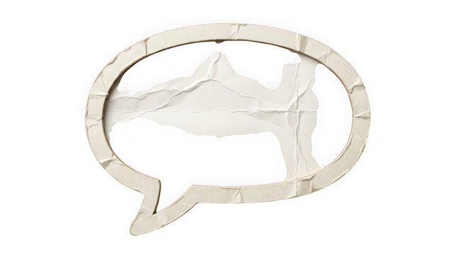 Handmade cardboard speech bubble cutout with torn paper edges isolated on transparent background